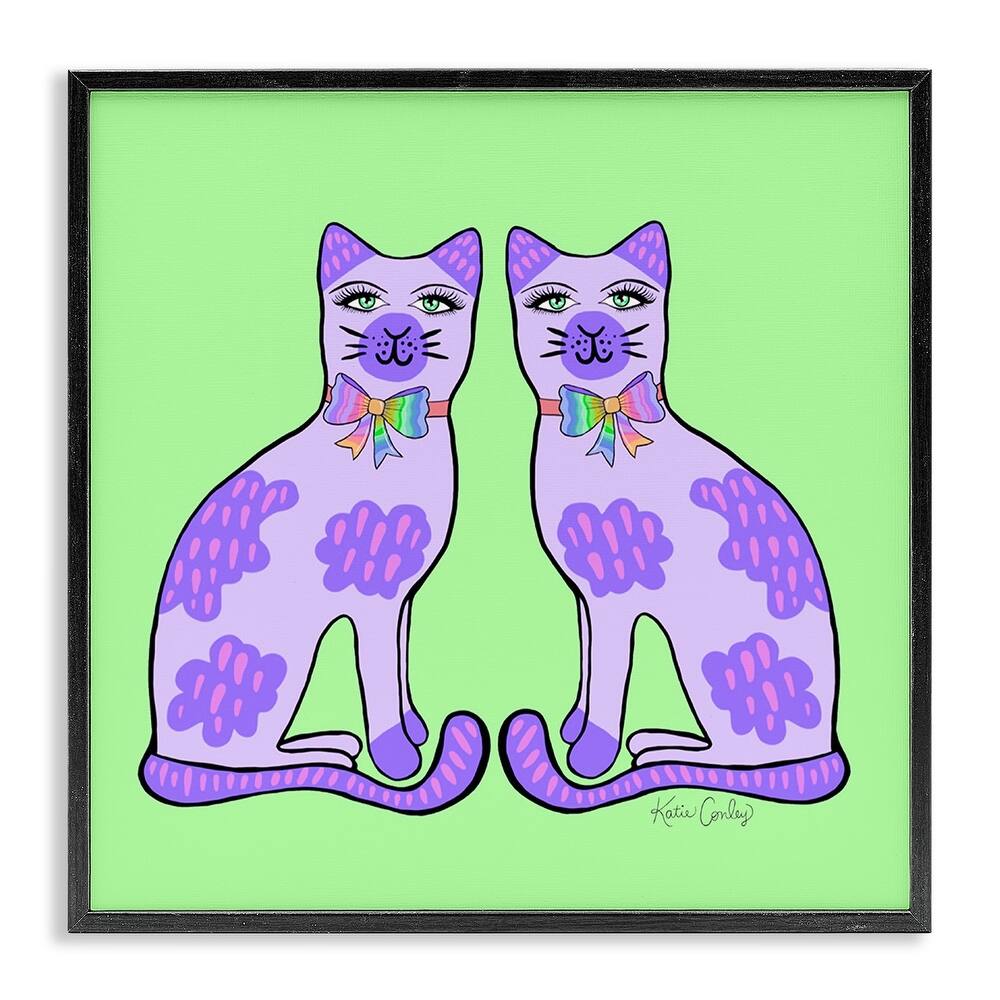 Stupell Purple Cats on Green Framed Giclee Art Design By Katie Conley