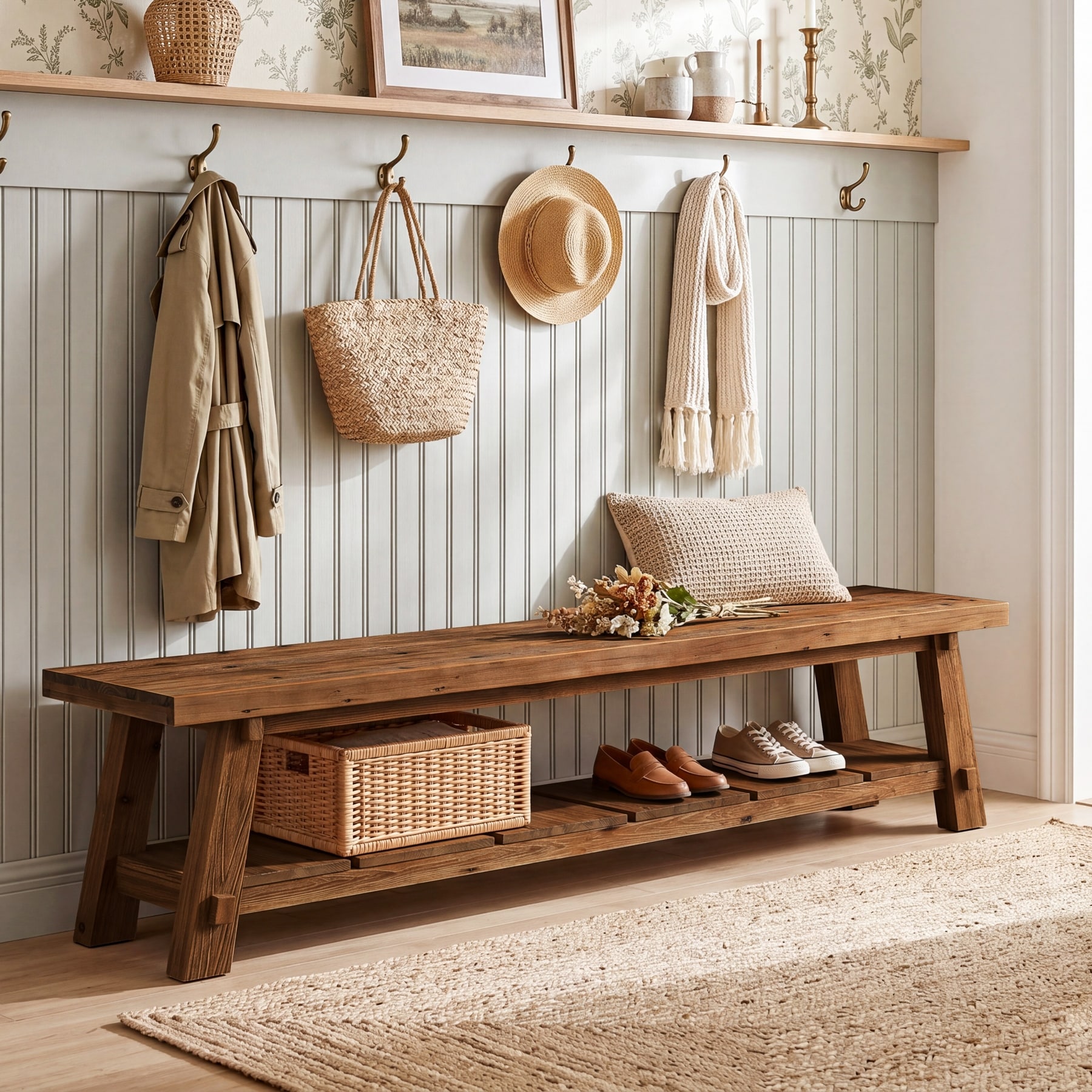 Extra-Long Entryway Bench with Shoe Storage, Solid Wood, Storage Bench for Bedroom End of Bed - 1-pc