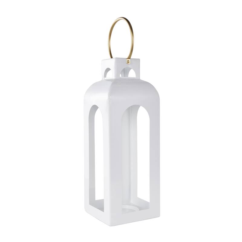 Metal Tall Arched Cutout Indoor Outdoor Candle Lantern with Gold Handle - White - Roche River Decor