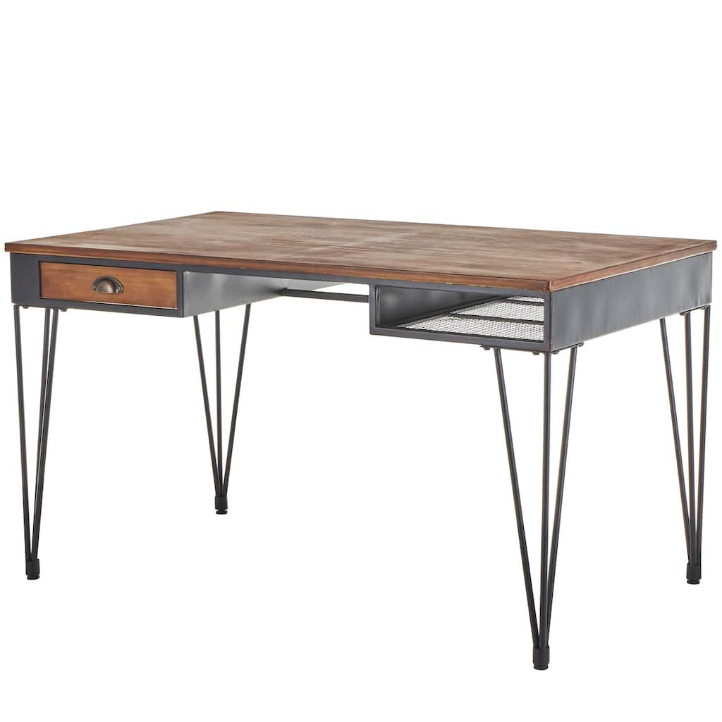 Metal Double Sided Desk with Brown Wooden Tabletop and Drawers - Black - Roche River Decor