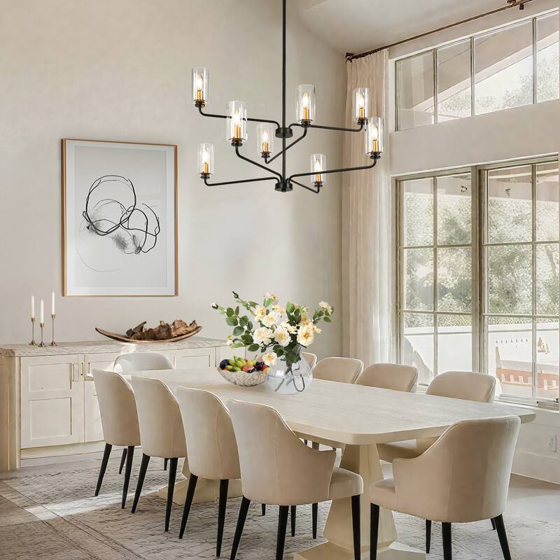 Modern 8-Light Black Gold Chandelier Clear Glass 3-Tier Cylinder Ceiling Lights for Dining Living Foyer - D 37" x H 21"