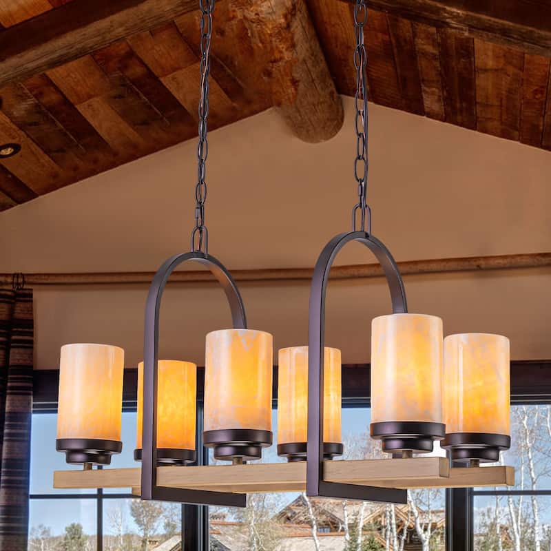 Retro Industrial Iron Pendant with Alabaster Candle Shade - 6-Light