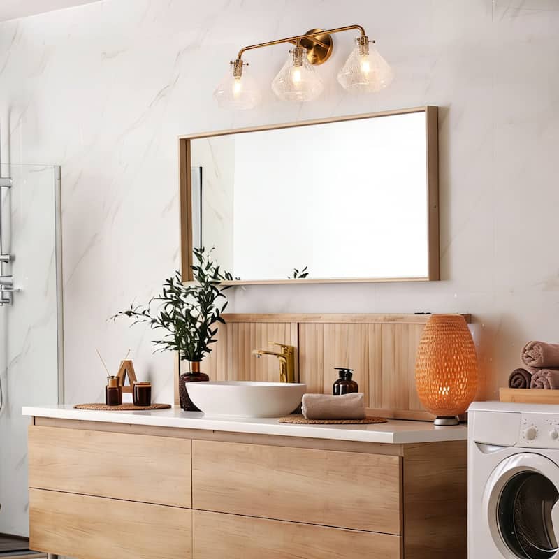Modern Gold 3-Light Bathroom Vanity Light Glass Wall Sconces - W 23.6" x D 7" x H 10"