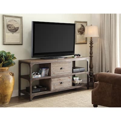 Gorden Weathered Oak Finish & Antique Silver Metal TV Stand