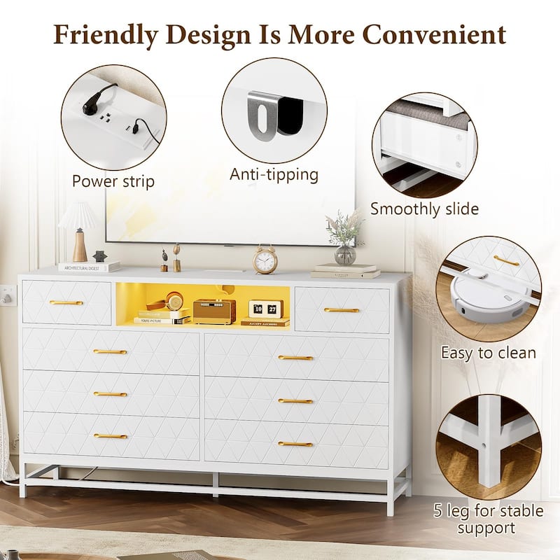 8 Drawer Dresser with LED Light and Power Outlet, Modern Storage Dresser and 55" TV Stand