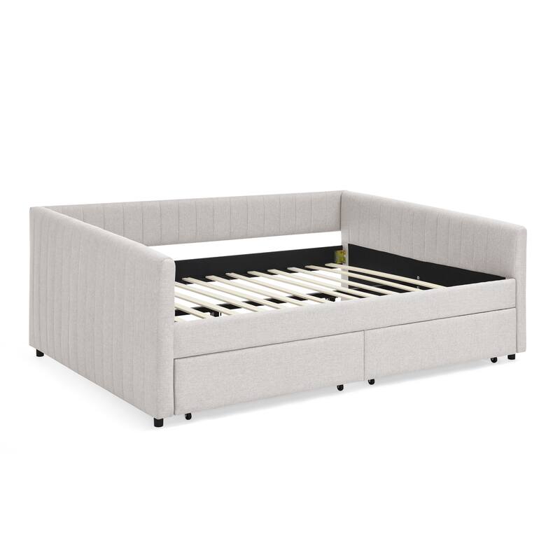 Roomfitters Queen Upholstered Daybed with Trundle and Storage Drawers, Vertical Striped Linen Sofa Bed