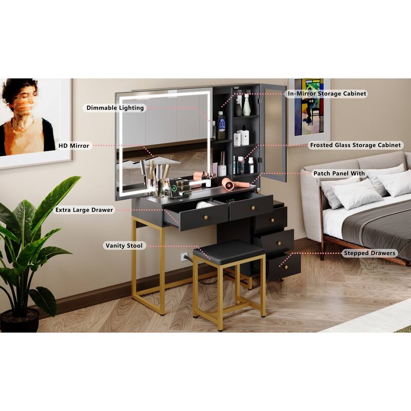 Vanity Set with Lighted Mirror and Charging Station, Extra Large Mirror Makeup Vanity Table,white
