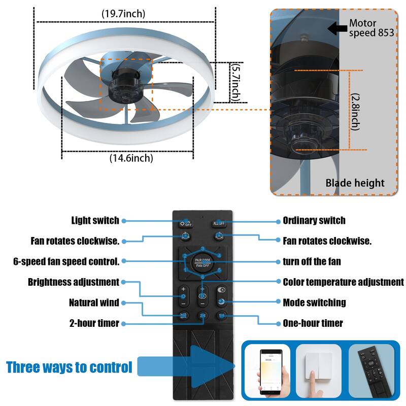 Ceiling Fans with Lights Dimmable LED Embedded installation of thin modern ceiling fans(Blue)