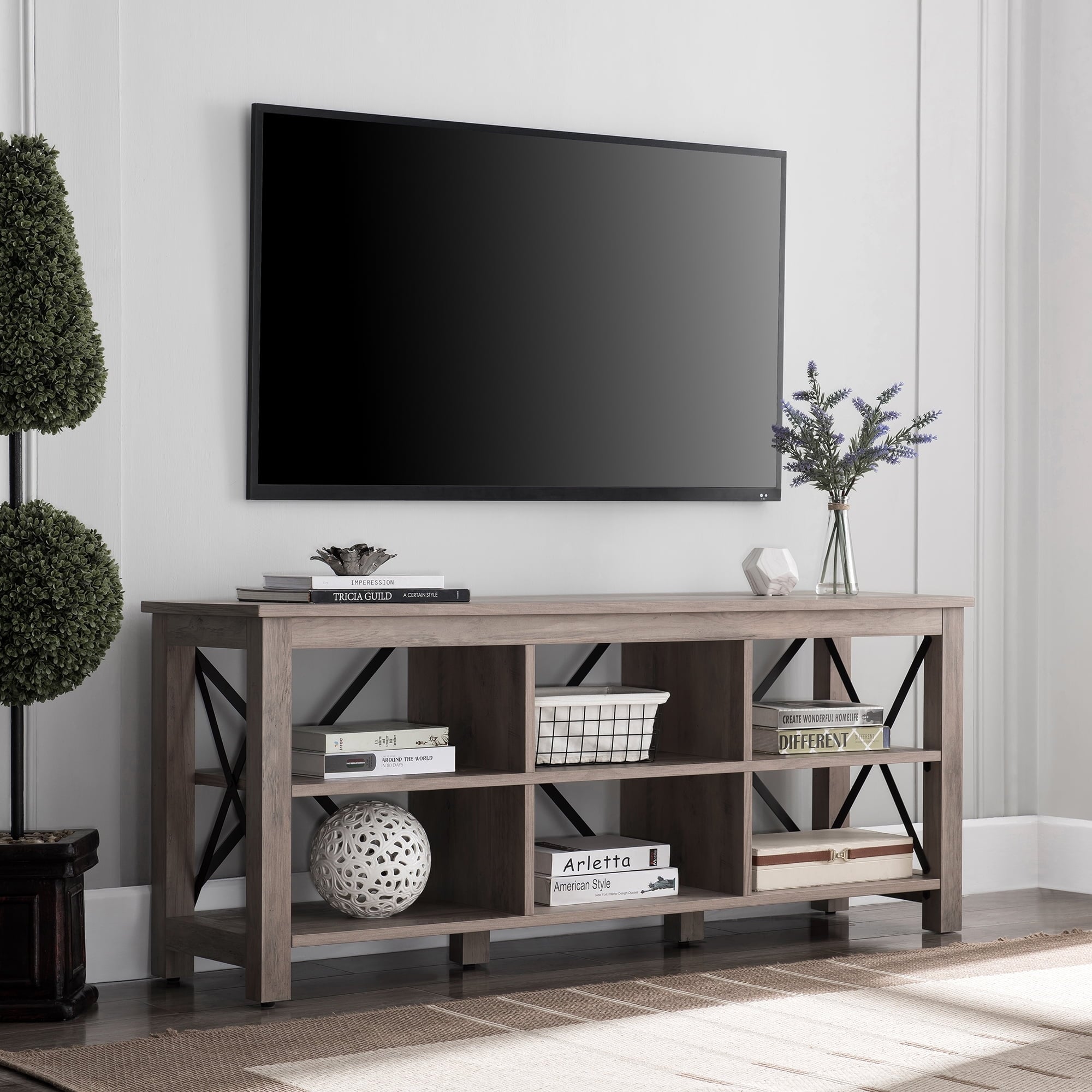 Gray Oak TV Stand for TVs up to 65-inch with Storage Shelves and Cable Management