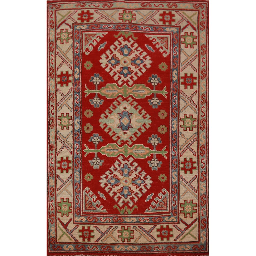 Red Kazak Foyer Rug Handmade Traditional Geometric Wool Carpet - 2'8"x 4'3"