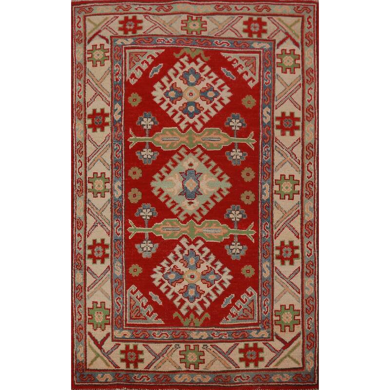 Red Kazak Foyer Rug Handmade Traditional Geometric Wool Carpet - 2'8"x 4'3"