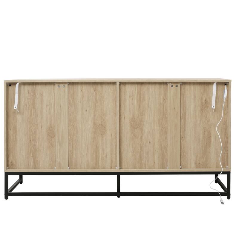 LED Sideboard Buffet Cabinet Storage Cabinet w/ Adjustable Shelf, Carved Cupboard Console Table for Living Room Hallway, Natural