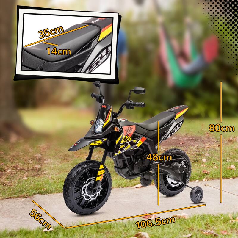 Aprilia Licensed 12V Kids Electric Dirt Bike with Training Wheels, Music, USB Port, and Headlight