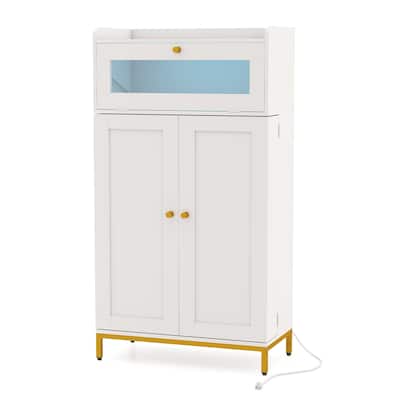 White-Gold MDF and Metal Kitchen Pantry Cabinet with LED Lights and USB Ports - 23.5" x 12" x 43.5"