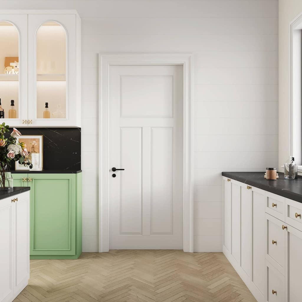 80 in. White 3 Panel Solid Manufactured Wood Primed Interior Shaker T Shape Standard Slab Door