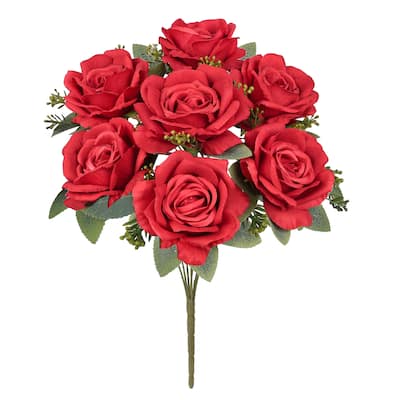 Set of 2 Deluxe Red Artificial Elegant Rose Flower Stem Bush Bouquet 17in - 17" L x 10" W x 10" DP