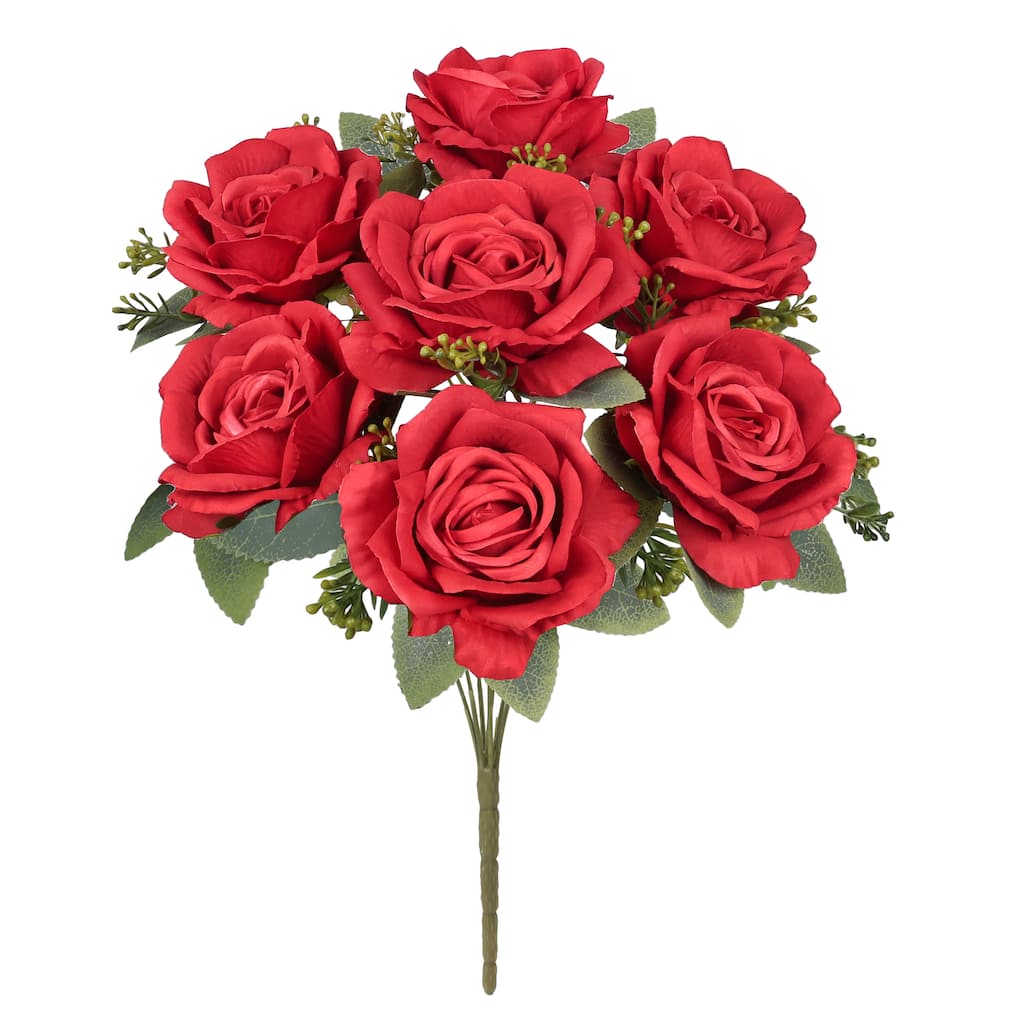 Set of 2 Deluxe Red Artificial Elegant Rose Flower Stem Bush Bouquet 17in - 17" L x 10" W x 10" DP