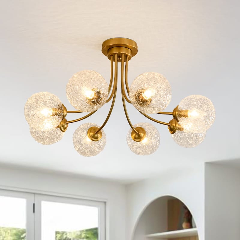 Mid-century 8-Light Rippled Glass Globe Sputnik Semi-flush Mount - N/A - Brushed Gold