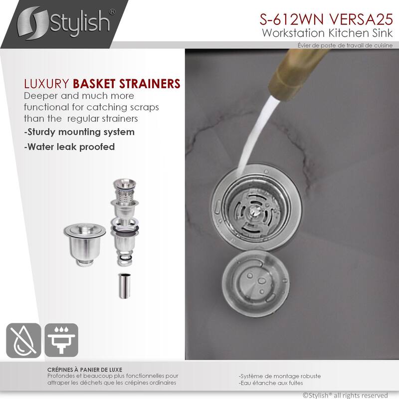 STYLISH 25 inches Workstation Single Bowl Undermount 16 Gauge Stainless Steel Kitchen Sink with Built in Accessories Handmade