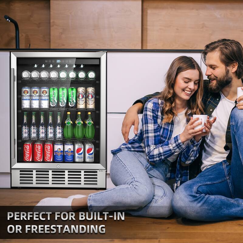 24 Inch Beverage Refrigerator, Built-in/Freestanding Wine Beverage Cooler, Under Counter Beer Fridge