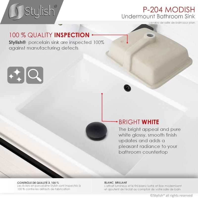 STYLISH 19 inch Rectangular Undermount Porcelain Bathroom Sink with 2 Overflow Finishes