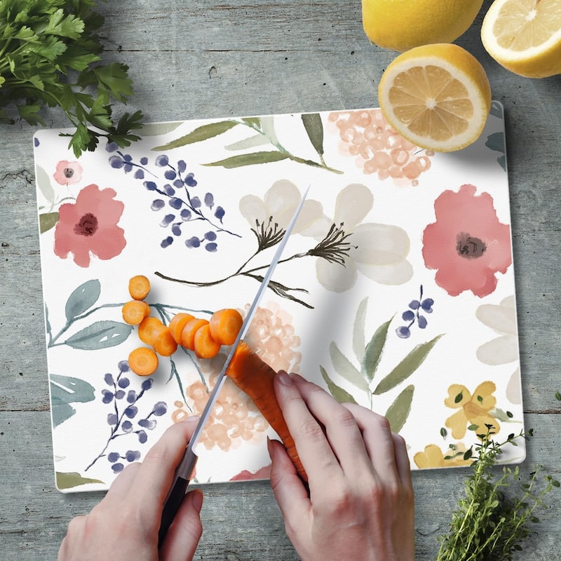 Meadow Floral 3mm Heat Tolerant Tempered Glass Cutting Board 10” x 8” Manufactured in the USA Dishwasher Safe