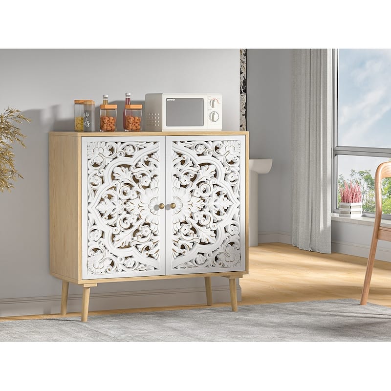 Anmytek Modern 2-Door Wood Sideboard Buffet Vintage Carved Storage Cabinet with Adjustable Shelf - 31.5" W x 13.8" D x 31.5" H