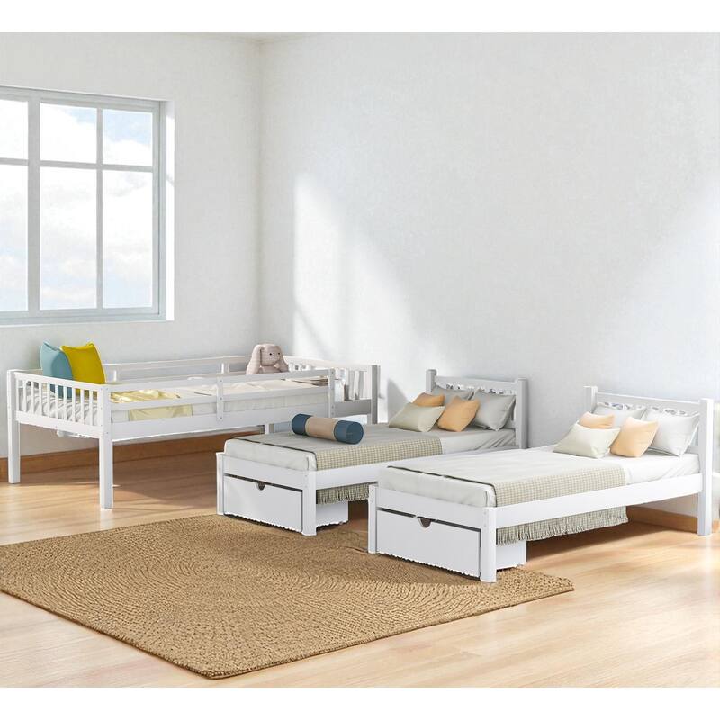 Full Over Twin & Twin Triple Bunk Bed with Drawers, Wooden 3 Beds in 1 with Guardrails and Storage