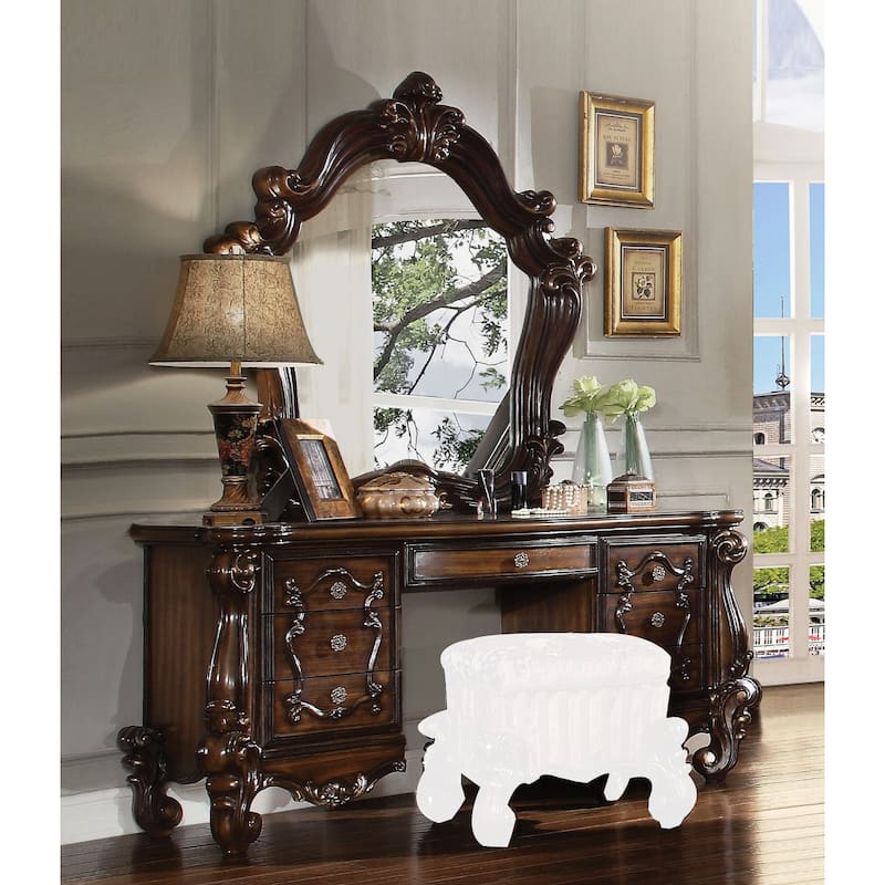Wooden and Metal Vanity Desk with 7 Drawers In Cherry Oak