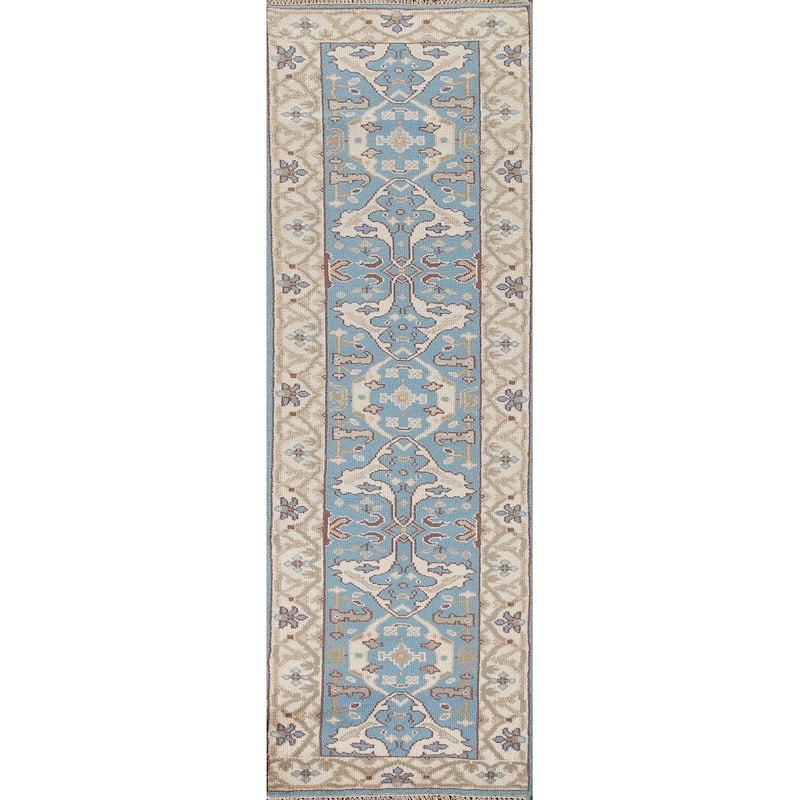 Light Blue Oushak Oriental Runner Rug Handmade Wool Carpet - 2'6"x 9'9"