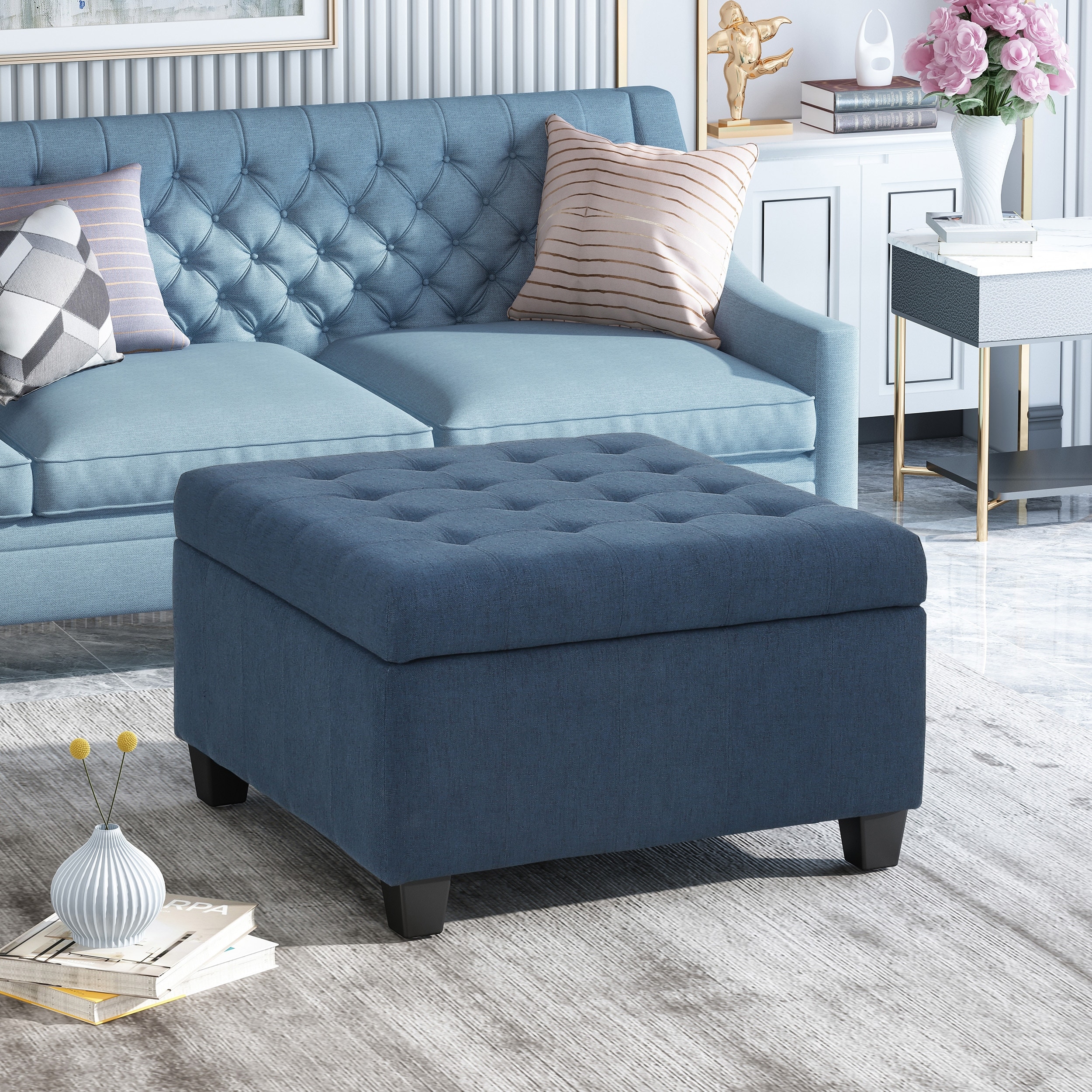 Upholstered Tufted Fabric Storage Ottoman with Birch Wood Legs
