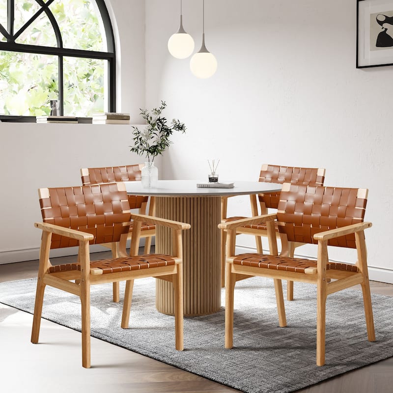 Woven Leather Dining Chairs with Solid Wood Frame - 29.7"H x 21.7"W x 22.8"D
