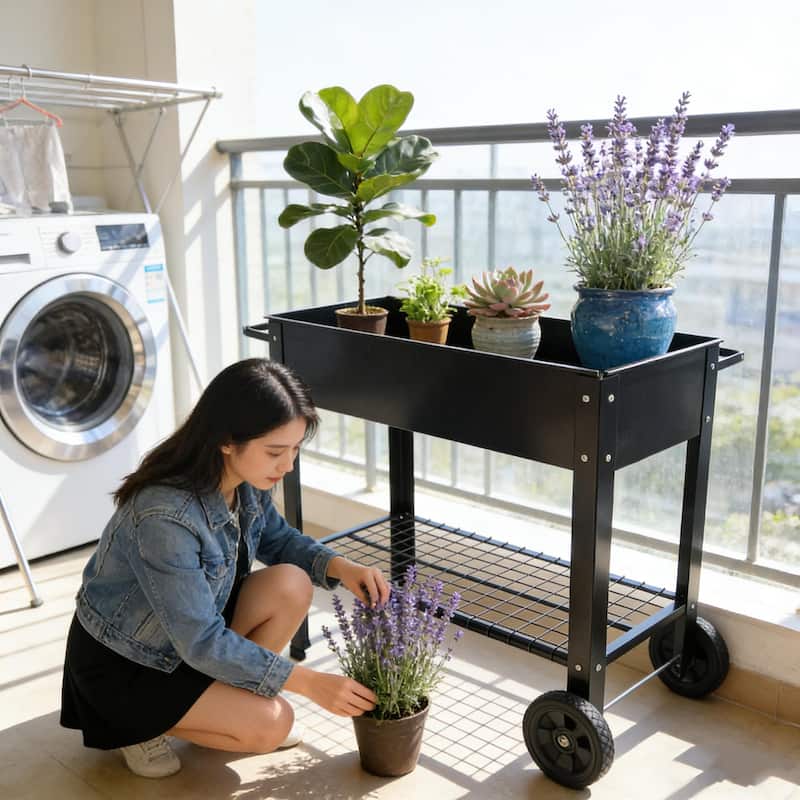 Anmytek Black Mobile Raised Garden Bed Cart with Storage Shelf Rolling Metal Planter Station with Large Wheels for Patio Balcony