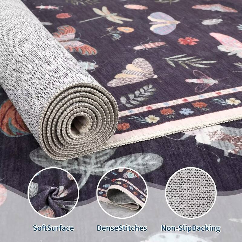 Floral Insect Print Washable Area Rugs for Living Room, Modern Non Slip Low Pile Area Rug