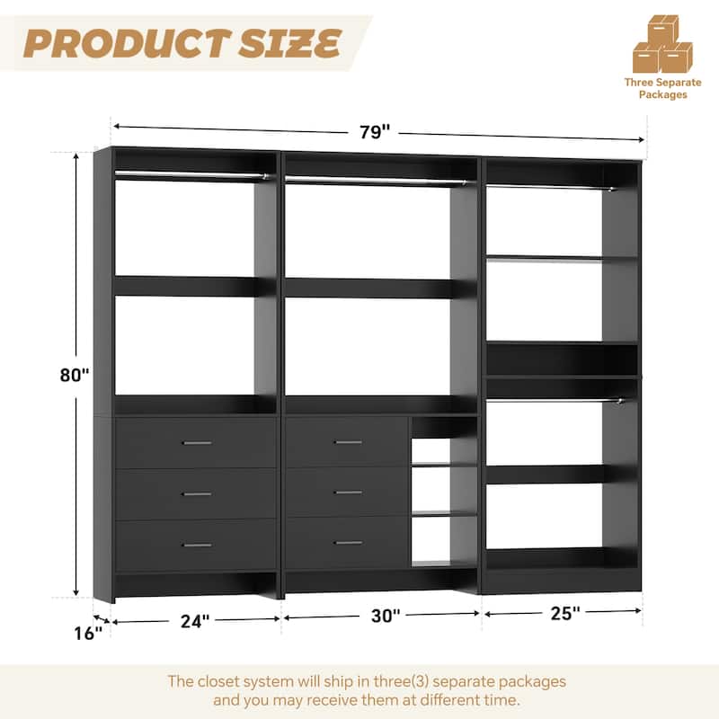 Cimly Set of 3 Closet System with 6 Drawers, 104'' Wide Freestanding Closet Organizer