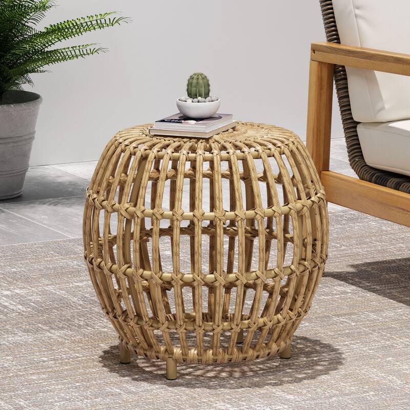Roomfitters Bohemian Faux Rattan Side Table, Handcrafted Round Accent Table for Indoor & Outdoor Use, Light Brown - Light Brown