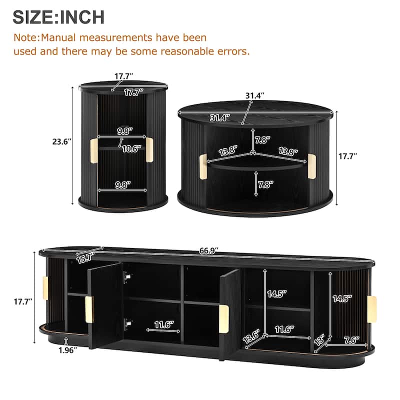 Roomfitters Wooden TV Stand & Coffee Table Set with Fluted Sliding Doors, Golden Handles & Cable Hole for TVs up to 75"