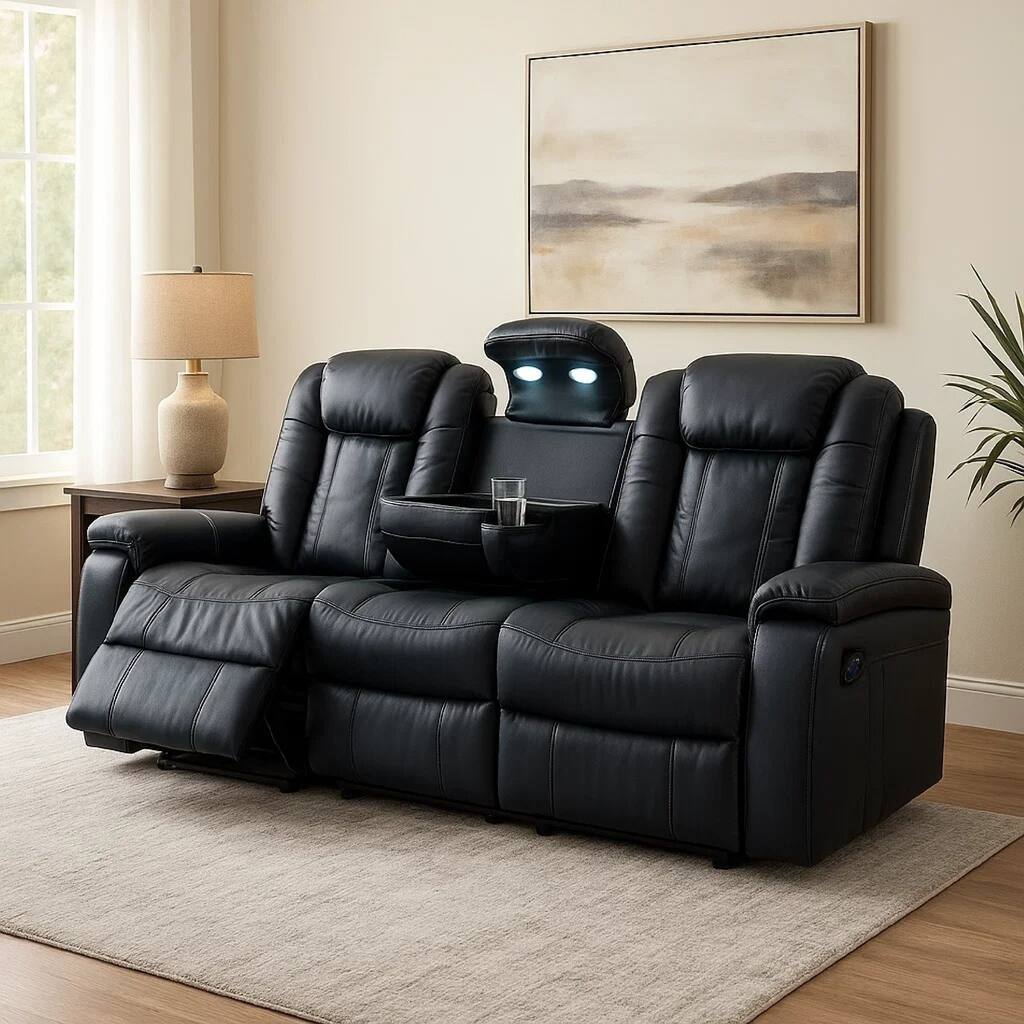 Aven Power Recliner Sofa, LED, Midnight Blue Faux Leather, 86 Inch