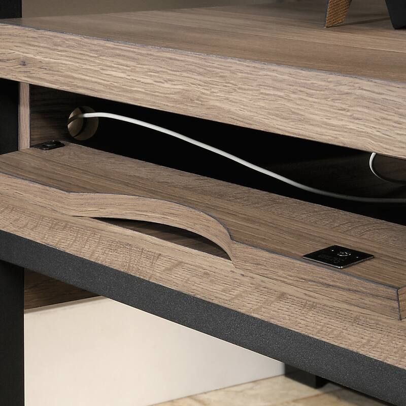 Engineered Wood Industrial L-Shaped Desk with Elevated Cubby Shelf , Brown