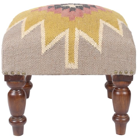 Handmade Kilim Upholstered Wood Footstool