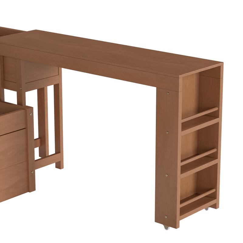 Full/Twin Daybed with Trundle & Storage Drawers - Wood Frame with Side Shelves and Desk