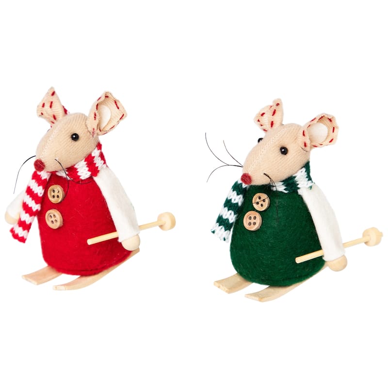 Skiing Mice Christmas Decorations - 3.5" - Set of 2