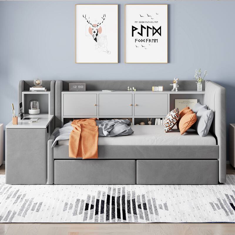 Versatile Twin Size Upholstered Daybed with Built-In Desk and Storage Function by Harper&Bright Designs - Grey