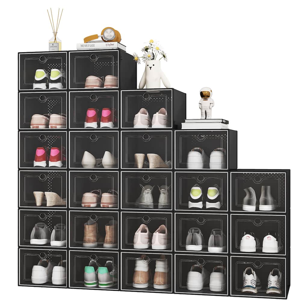 Moasis 24Pcs L Black Shoe Storage Storage Boxes with Clear Plastic, Sneaker Containers, Playthings Storage Organizer Bins