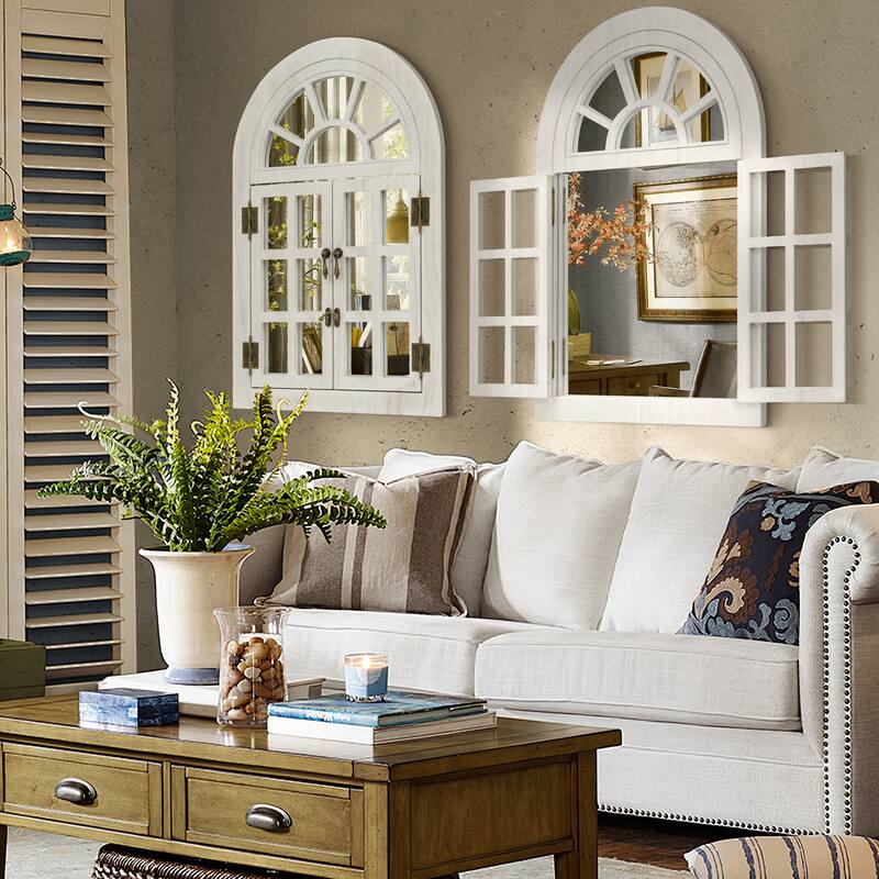 Arched Wood Framed Windowpane Accent Mirror Wall Mirror