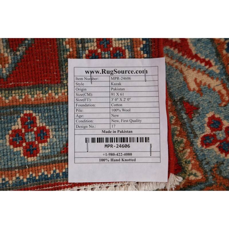 Red Geometric Kazak Rug Handmade Accent Wool Carpet - 2'0"x 3'0"