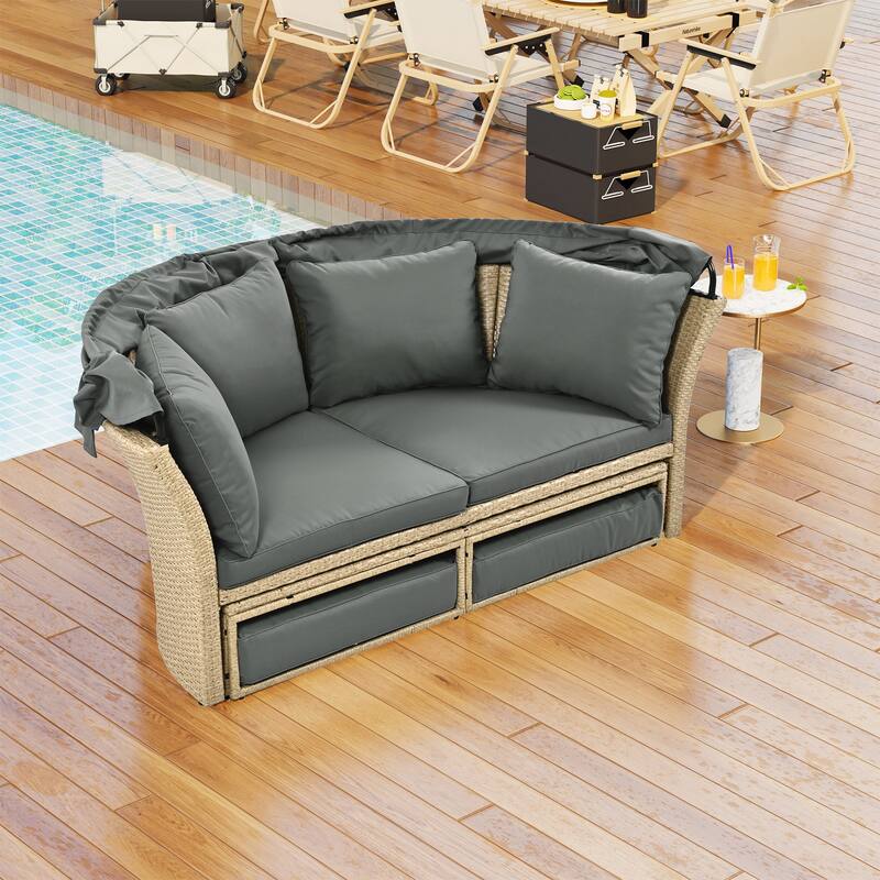 Outdoor Patio Daybed, Outdoor Furniture Set with Retractable Canopy, Patio Wicker Rattan Round Sofa with 4 Pillows