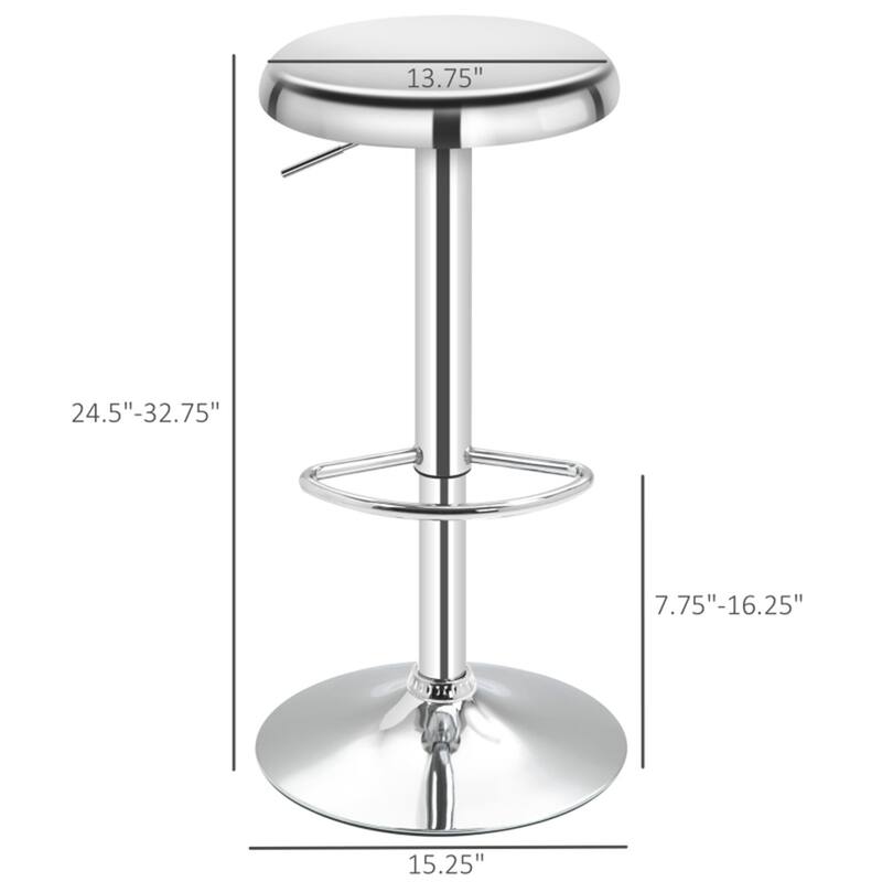 Set of 2 Adjustable Height Silver Steel Bar Stools with Swivel and Footrest for Kitchen - 15.25" W x 15.25" D x 24.5-32.75" H