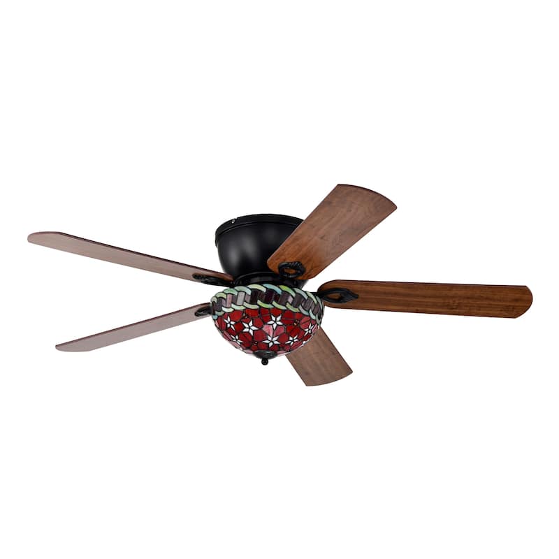 Chergo 52-Inch Flushmount Lighted Ceiling Fan Red Flower Tiffany Glass Lamp Black Finish