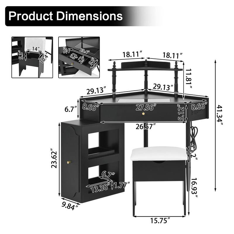 Triangle Makeup Desk with Removable Pull-Out Side Cabinet, Glass Tabletop Makeup Vanity with Drawer and Shelf